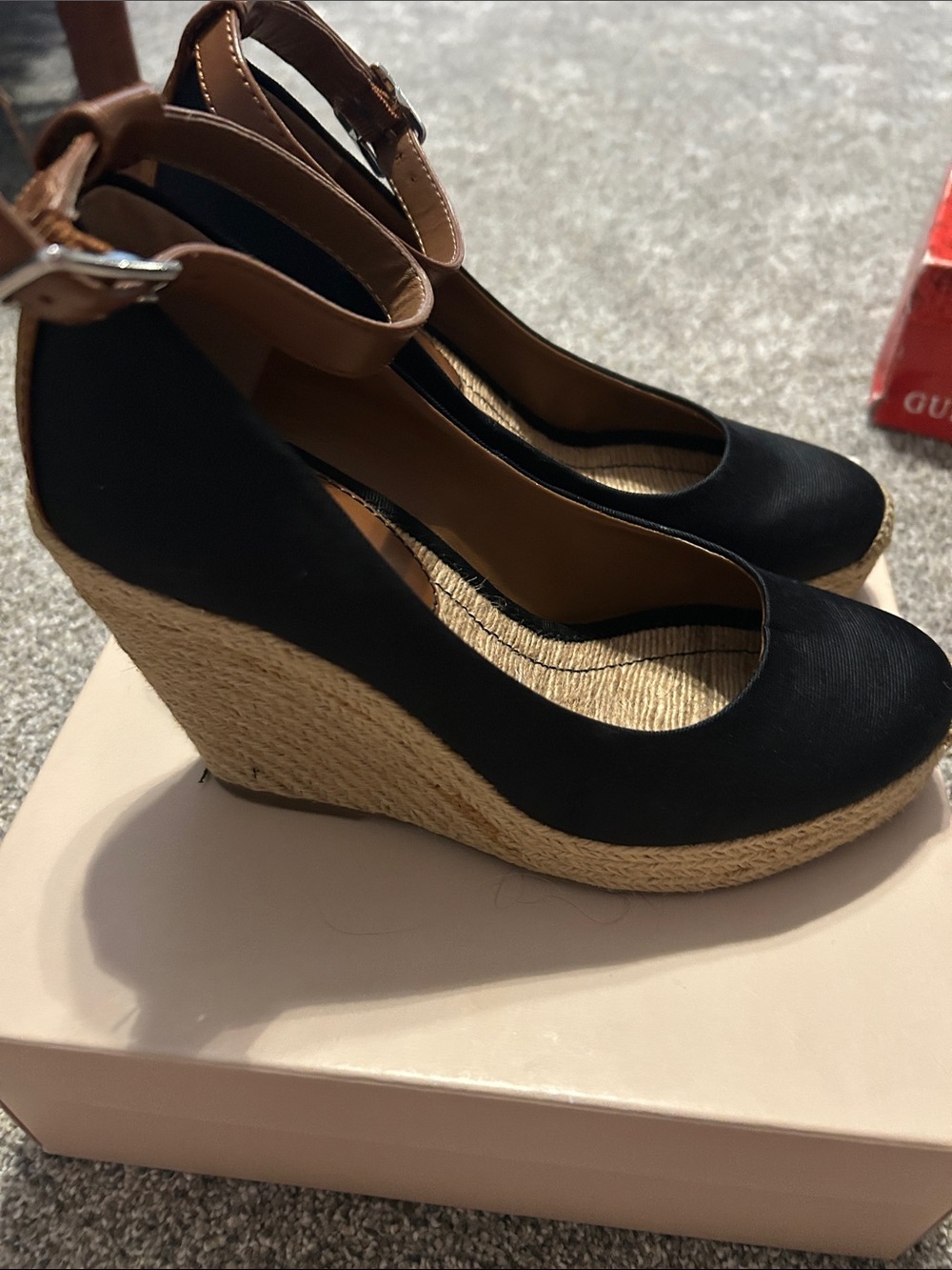 BCBGeneration Women's Black Espadrille Wedge with Brown Ankle Strap